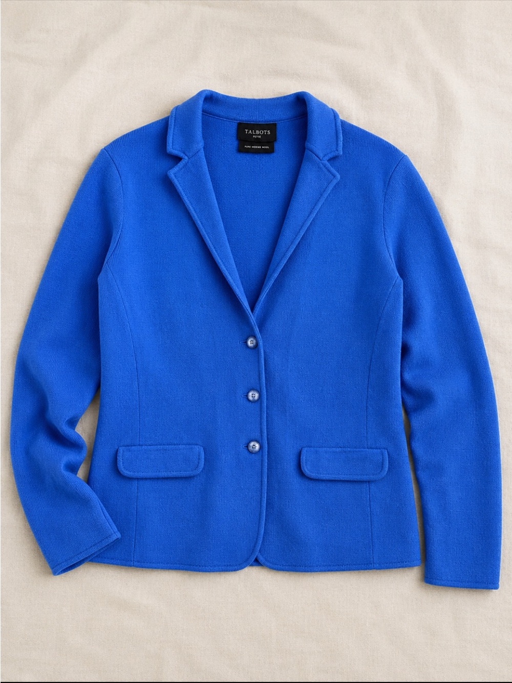 Talbots Pure Merino Wool Sweater Blazer Blue Petite Medium Knit Jacket Preppy